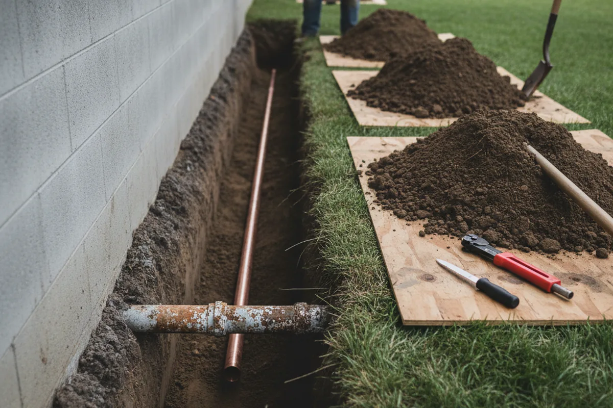 Excavated water line trench during Water Softener Installation in Langley